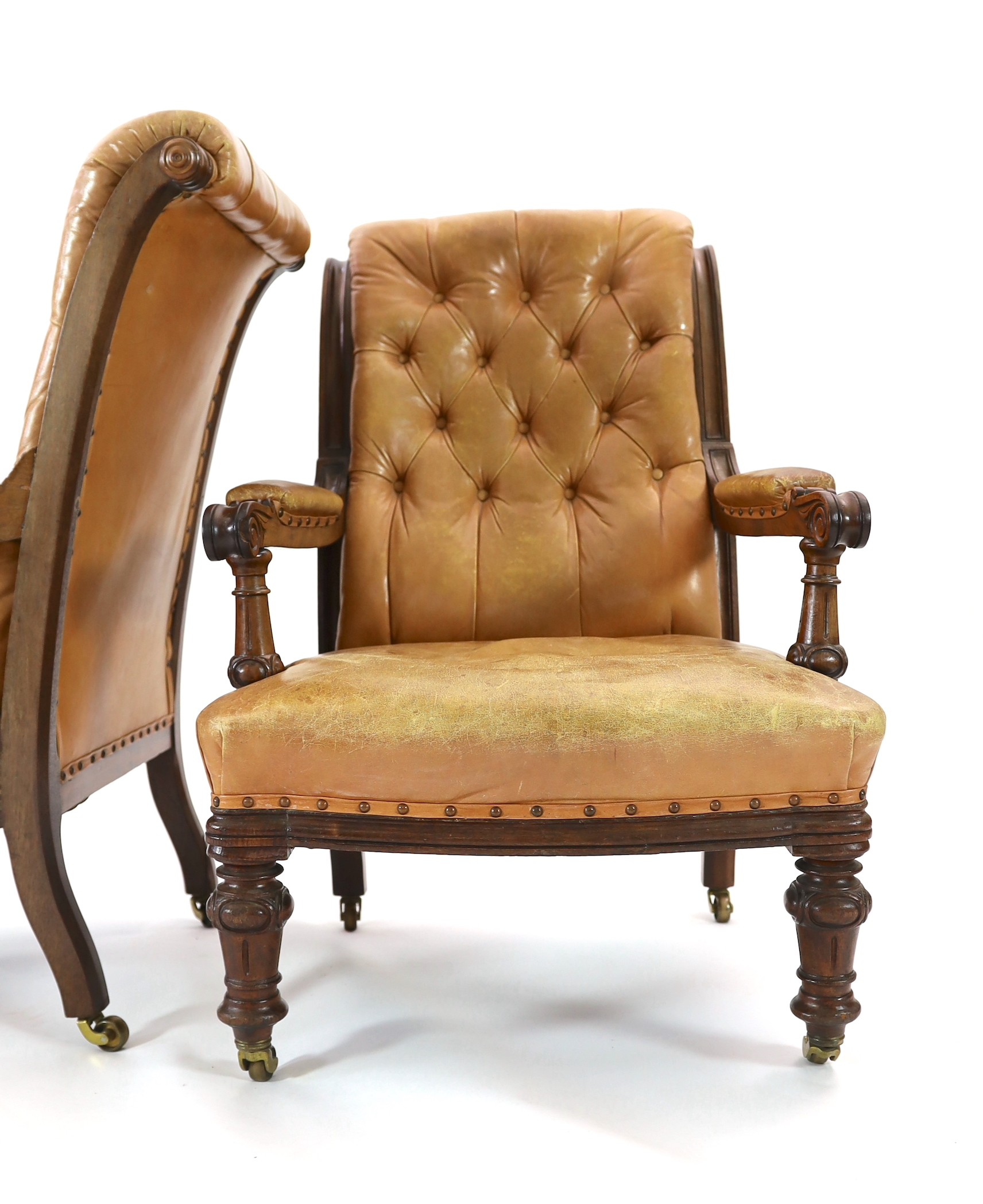 A pair of early Victorian mahogany open armchairs, W.65cm D.87cm H.100cm